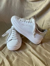 Valentino White Metallic Silver Womens Shoes Sneakers Lace Up Italy 37
