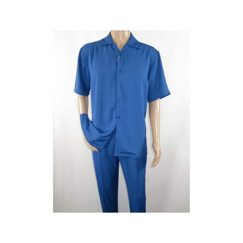 Men INSERCH 2pc Walking Leisure Suit Shirt Pants Set Short Sleeves 9356 Blue - Picture 6 of 15