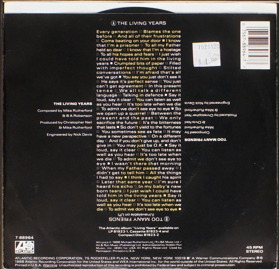 Mike & The Mechanics - The Living Years - 7" single 45rpm record - Imagem 2 de 3