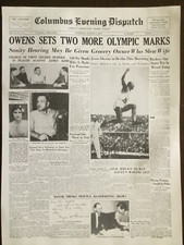 POSTER : COLUMBUS EVENING DISPATCH, TUES AUGUST 4TH 1936 BERLIN JESSE OWENS GOLD