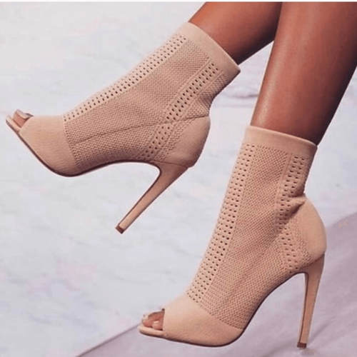 NWT Nicole Miller Tan Knitty Open Toe Stiletto Heeled Ankle Stretch Booties READ - 第 3/12 張圖片