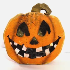 Halloween NWT Transpac Wooden Pumpkin "Boo" Character Face Box Glitter 6.75" T