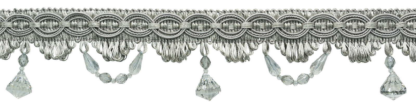 Beaded Fringe Trim with Gimp Header, Color# 049 - Silver Grey [Sold By The Yard]