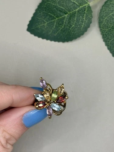 Vintage 925 Sterling Silver Gold Tone Multi Gemstone Cocktail Ring