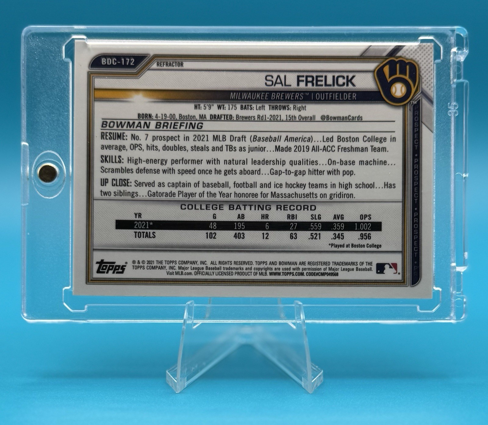 2021 Bowman Draft Chrome  |  SAL FRELICK #BDC-172  |  1st Bowman Refractor