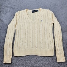 Polo Ralph Lauren Sweater Womens XS Beige Cable Knit Pima Cotton V-neck Pony