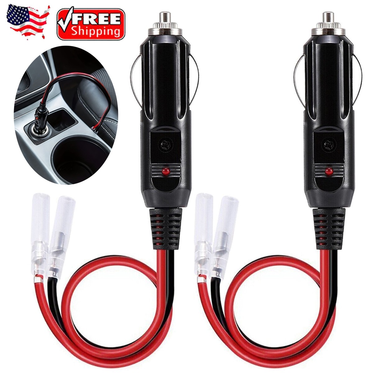 12v 15a male plug cigarette lighter 2pcs 12V Fused Cigarette Lighter Male Plug with Leads & LED Light 15A Fused  USA
