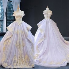 Luxury Gold Lace Appliques Wedding Dress Off The Shoulder Tulle Ruffle Ball Gown