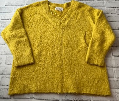 Anthropologie Simone Fuzzy V-Neck Sweater Bright Yellow Wool Alpaca Blend S