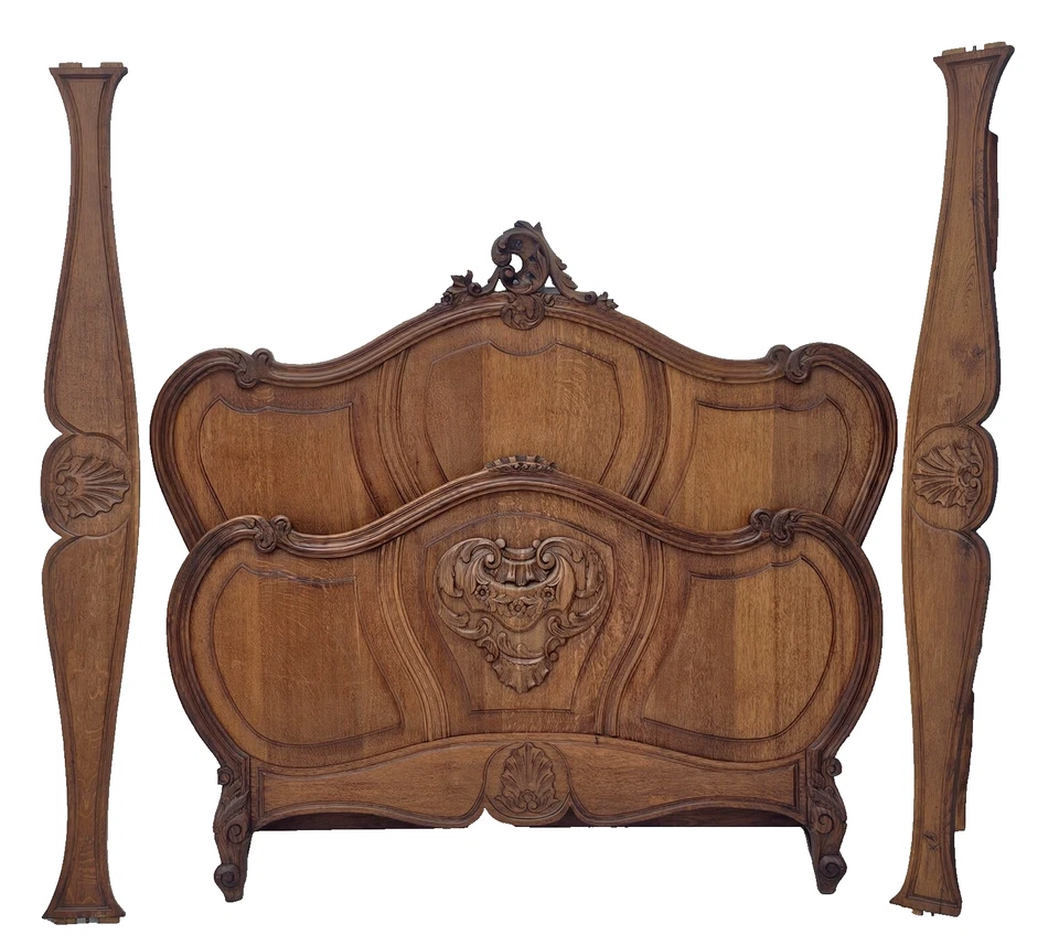 Antigua cama francesa Luis XV rococó tallada roble cama Queen/King marco adaptable años 1900 Foto 2 de 4
