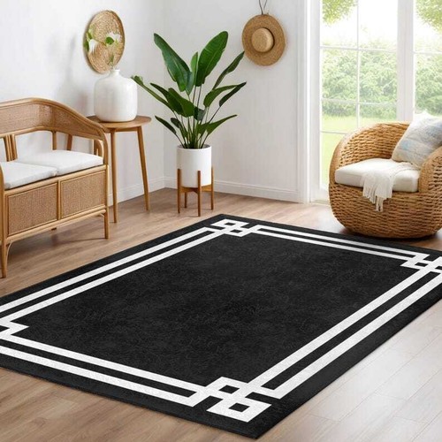 Black Geometric Framed Area Rug-White Double Border Mat-Elegant Livingroom Carpe - Picture 5 of 9