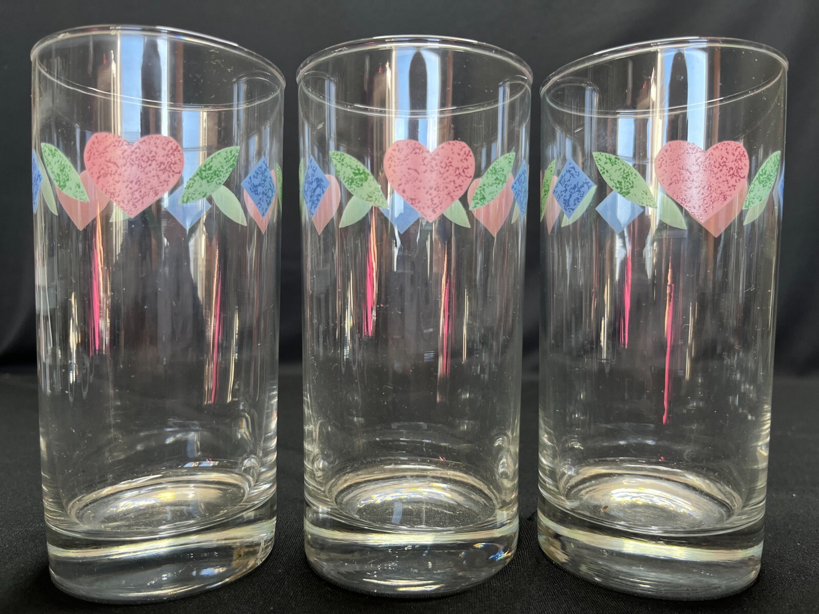 Corelle Quilt 6 Drinking Glasses Heart and Diamond 6" Tall 16 Oz