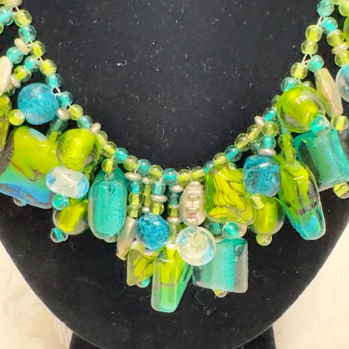 LANE BRYANT Art Glass Blue Green Fringe Beaded Necklace Bright Summer Beach - Picture 2 of 12