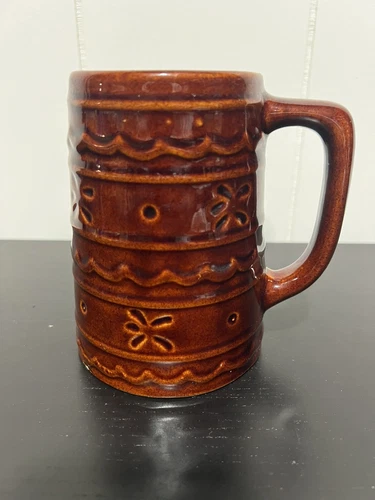 Pair of Vintage Marcrest Daisy Dot Mugs Beer Stein Stoneware Pottery Brown  USA