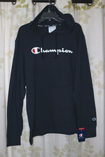 Champion Retro Classic Logo Men  s Long-Sleeve Pullover Hoodie Shirt Navy NEW L