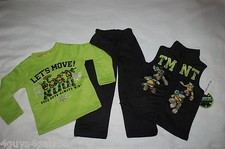 Boys 3 PC Set TMNT NINJA TURTLES Sweatshirt Pants  Vest GREEN BLACK Size 4