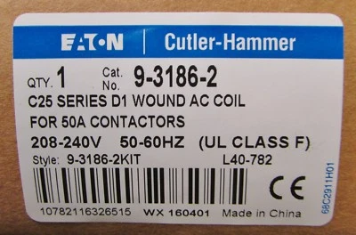 EATON CUTLER HAMMER 9-3186-2 C25 Ser D1 50Amp 208/240V Coil 9 3186 2 208 220 240