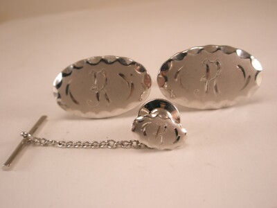 R Initials Monogram Letter Vintage SARAH COV Cuff Links & Tie Tack ryan rob ron