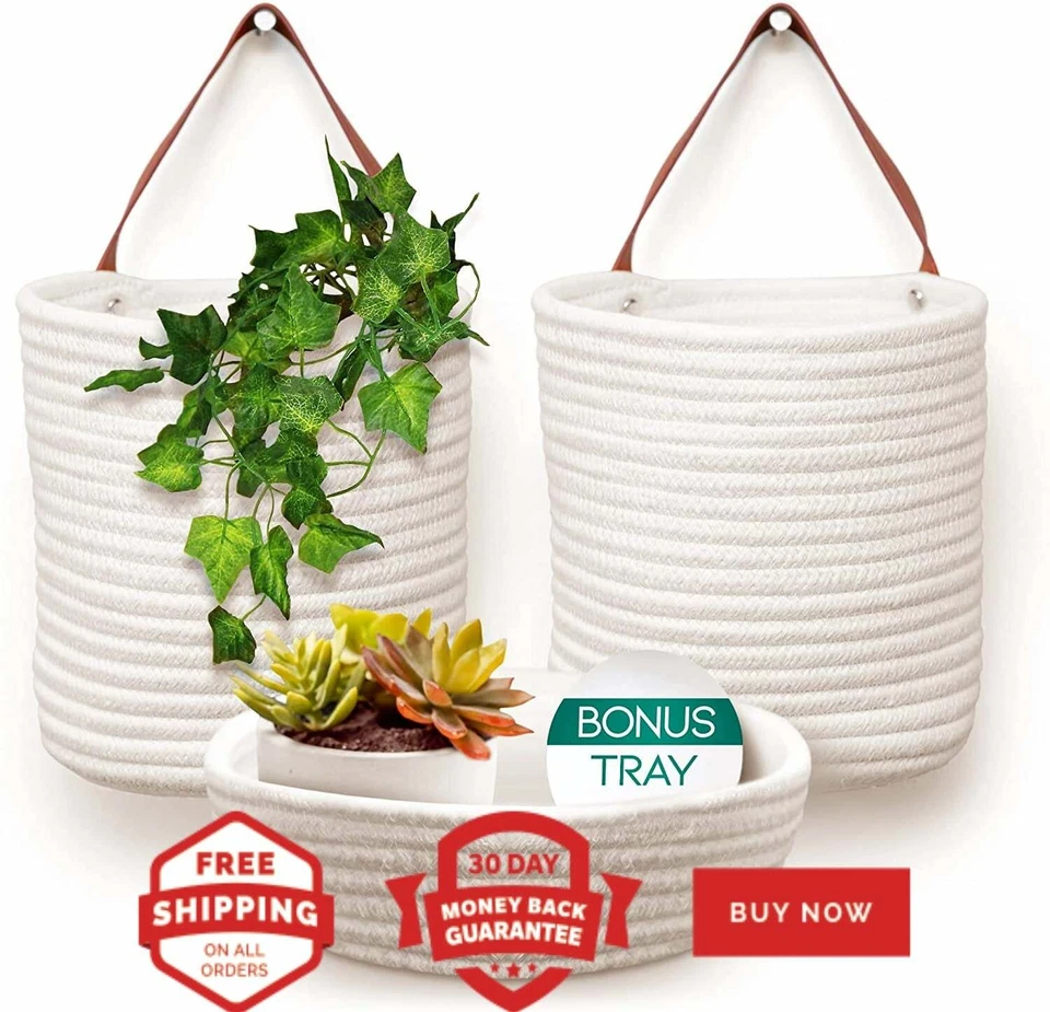 Wall Hanging Basket Storage Set, 2 White Hanging Baskets & Extra Tabletop Basket - Image 4 of 4