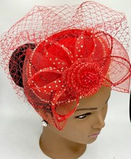 Women  s Floral Mesh Shimmer Elegant Formal Church Side Hat Hair Accessory Red