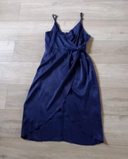 QED Dark Blue Silky Strappy Dress Mock Side Wrap Party Holiday Christmas UK12