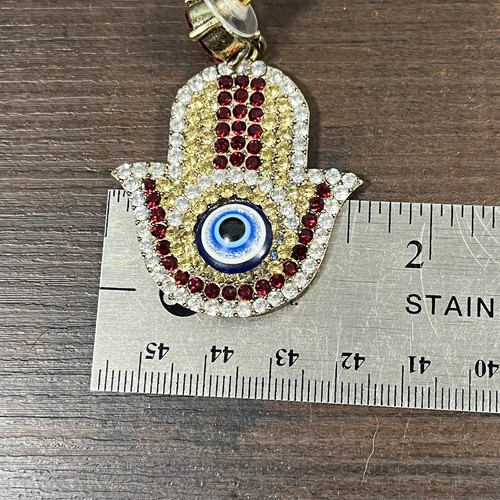 RED GOLD EVIL EYE HAMSA SYMBOL CRYSTAL BOHO DANGLE DROP EARRINGS - Picture 5 of 5