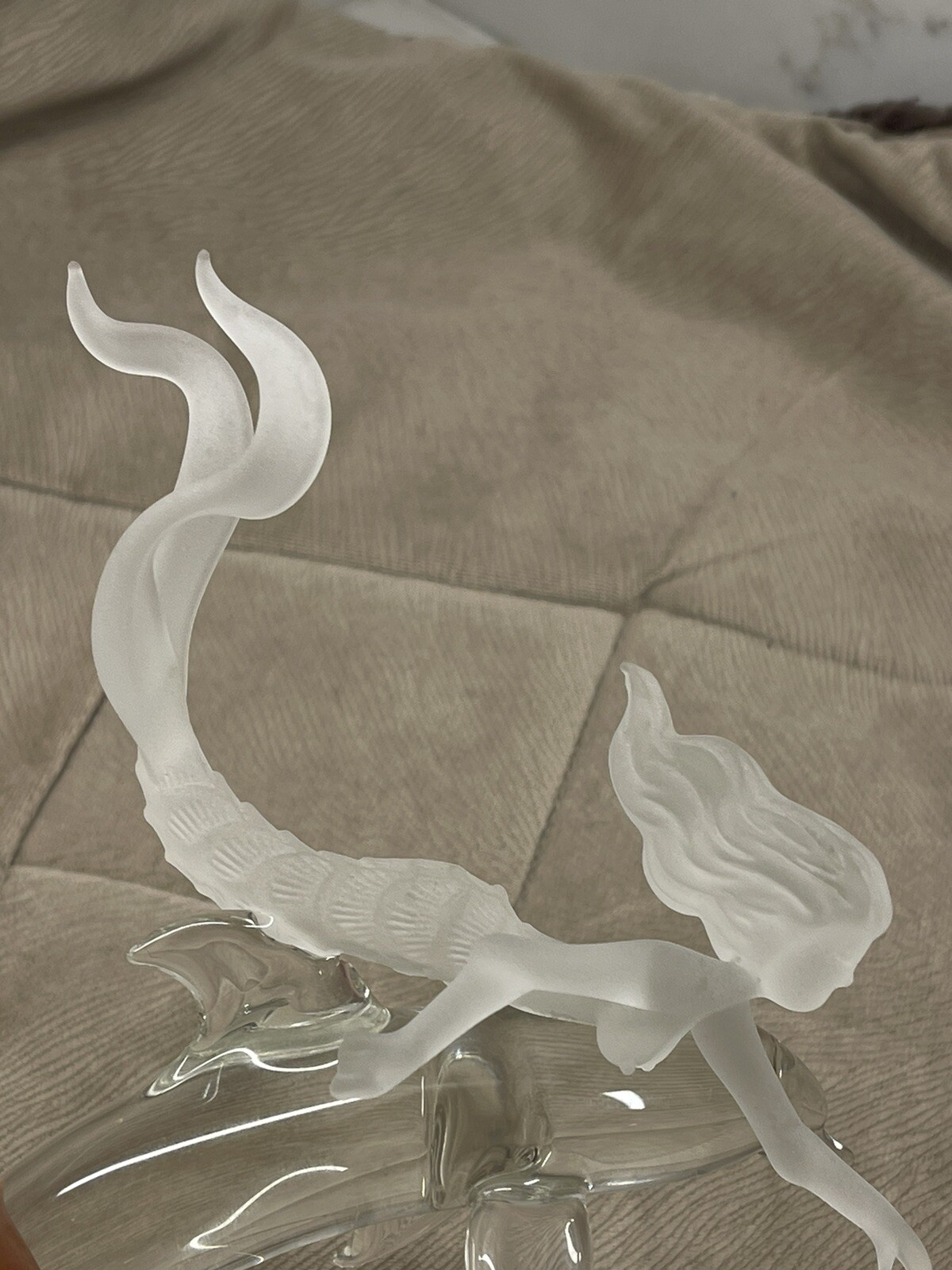 VINTAGE FROSTED GLASS MERMAID AND DOLPHIN STATUE SWIMMING TOGETHER