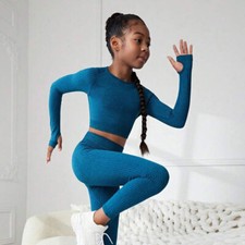 Teen Girls 2PCS Yoga Outfits Long Sleeve Sportswear Kids Tracksuit Clothing Sets