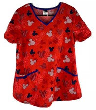 Disney Womens Small Red V-Neck Mickey Mouse Scrub Top