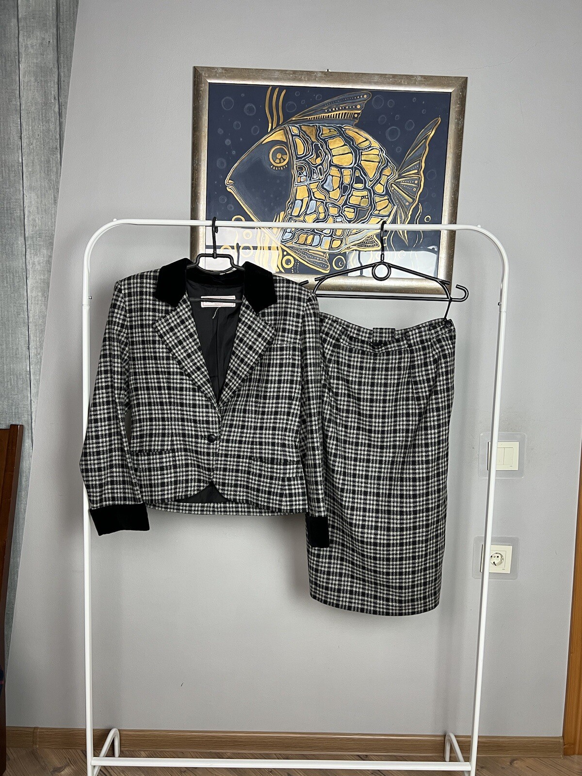 Tuta YSL Saint Laurent Variation vintage grigia gonna a quadri taglia 48 50 (16 18 US)