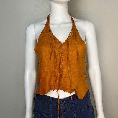 Vtg 1970s Brown Leather Hide Halter Top Cropped Open Back 70s Handmade Hippie