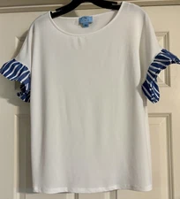 $89 CeCe Striped Ruffle Cuff Size L Optical White Stretch Mixed Media Pullover