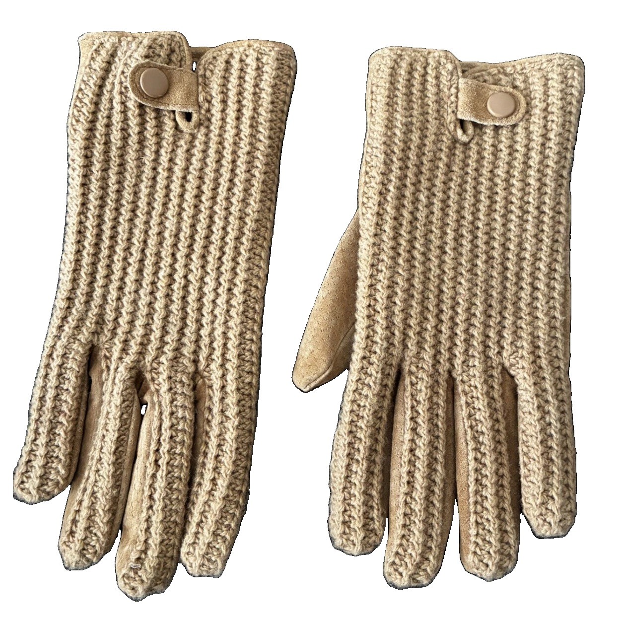 Pair of tan suede gloves with a ribbed knit cuff in a matching camel tone.