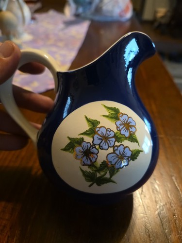 Vintage Nippon Hand Painted Creamer Pitcher Cobalt Blue  Flowers Gold Trim