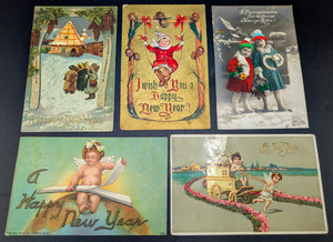 Lot Of 5 Antique New Years Postcards. USA, Poland.