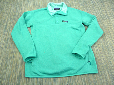 Patagonia Pullover Damen Medium grün einfarbig Polo Fleece Druckknopf leicht Wandern