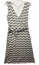 Ann Taylor Loft Knit Sleeveless Dress Zig Zag Stripe Beige Faux Wrap Sz 6P Belt