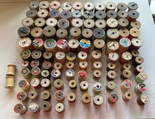 Huge Lot of 106 Wooden Spools of  Sewing Thread 1930s - early 1970s