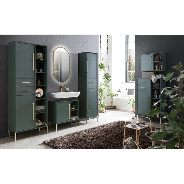 BadmöBel Set In WaldgrüN Inkl. Beleuchtung Highboard Hochschrank Unterschrank-image