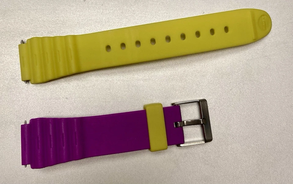 Nueva correa de reloj deportivo Timex asas de 18 mm con barras de resorte de silicona púrpura/amarillo Foto 2 de 4