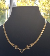 Premium Quality Vintage Necklace Blue Heart & Clear Crystals Herringbone Chain
