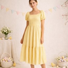 Abercrombie & Fitch Midi Seersucker Dress M Yellow Smocked Puff Sleeve Cottage