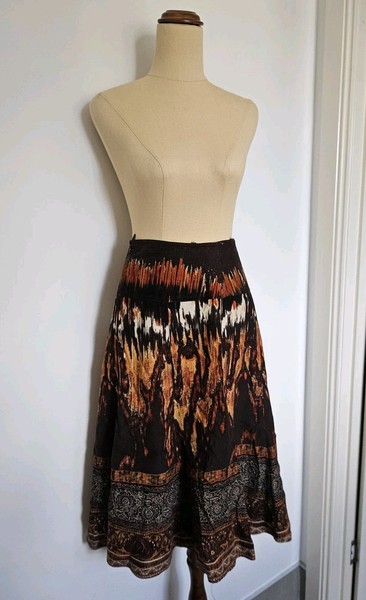 Witteveen 38 Brown Orange Abstract Corduroy Lined A-Line Midi Skirt Zip