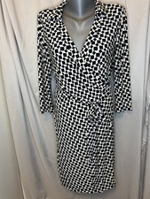 Nine West Black White Geometric Wrap Dress 3/4 Sleeve Knee Length Sz10