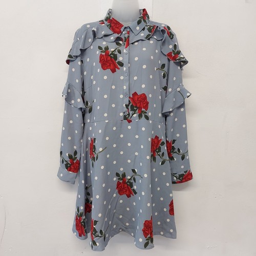 Ladies Dress Size 18 Blue Multi Spotted Floral Long Sleeve Ruffle Colut Out Back