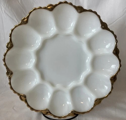 Vintage Anchor Hocking Fire King Milk Glass Deviled Egg Plate 22K gold trim