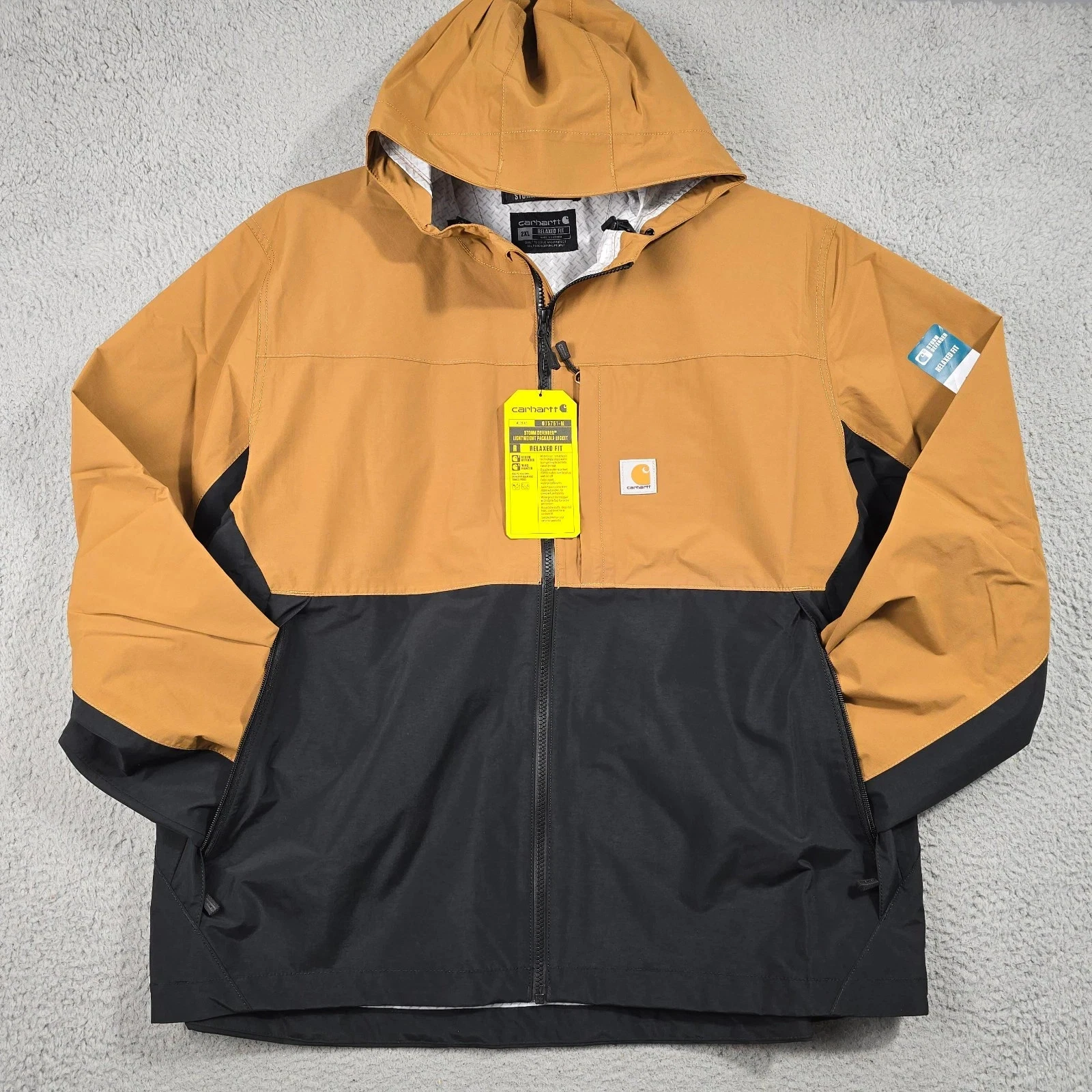 Carhartt Rain Jacket Mens 2XL XXL Brown Storm Relaxed Hooded Lightweight NWT B