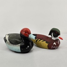 Juego de 2 estatuillas señuelo pato pelirroja y pato de madera pintadas a mano vintage