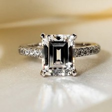 3.5Ctw Emerald Cut Moissanite Hidden Halo Engagement Ring 14K White Gold Plated