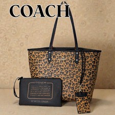 COACH Leopard Print Leather Tote Bag with Pouch and Card Holder Authentic
